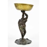 A painted spelter figure of a toad standing on a lily pad holding a bowl over its head, height