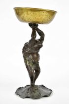 A painted spelter figure of a toad standing on a lily pad holding a bowl over its head, height