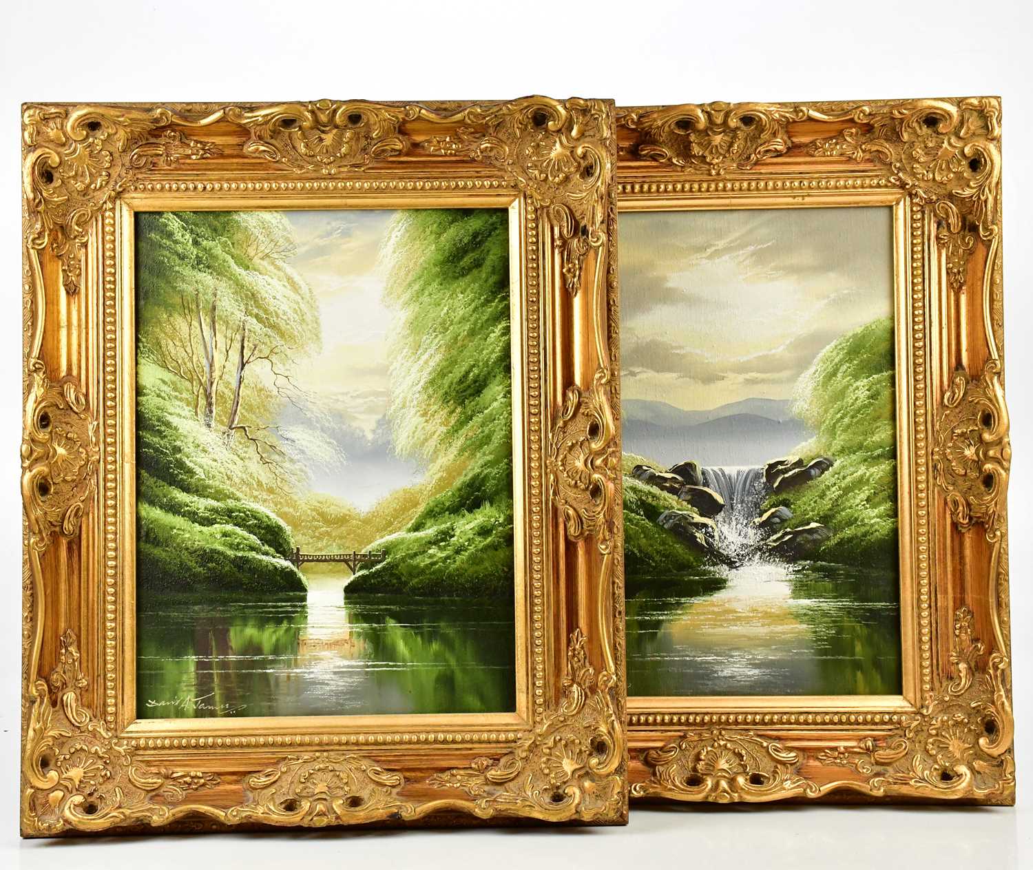 † DAVID A JAMES; a pair of oils on canvas, river scenes, both signed lower left, 40 x 29cm, framed.