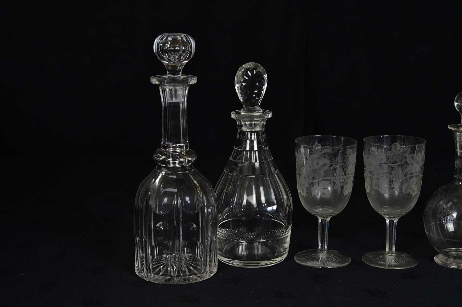 Three cut glass decanters, height of largest 27cm, together with further etched glass decanter and - Image 3 of 3