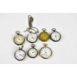 A collection of seven fob watches including a .935 example set with Roman numerals, an Elgin