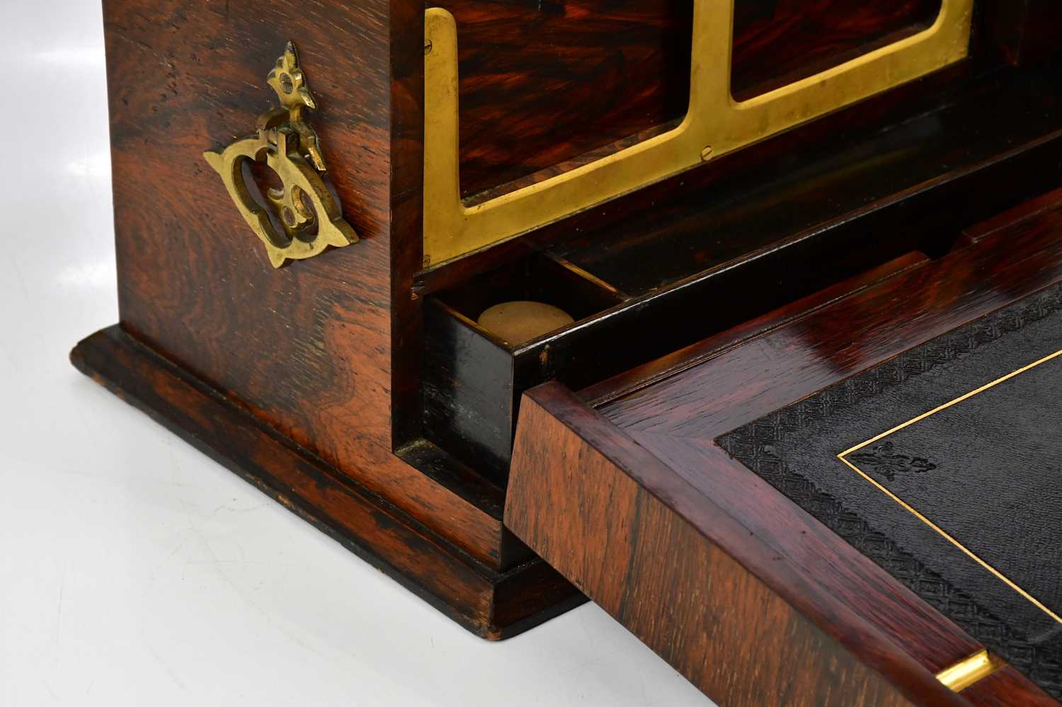 A 19th century brass bound rosewood stationery box, the hinged cover enclosing a fall front and - Image 4 of 14