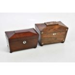 A 19th century rosewood sarcophagus shaped tea caddy with mother of pearl inlay, together with an