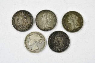 Five assorted Victoria crowns including one 1845, two 1887, one 1896 and one 1897.