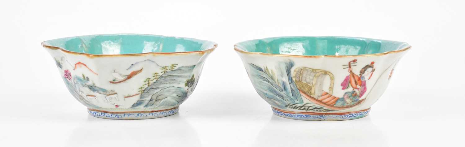 Two late 19th/early 20th century Chinese Famille Rose bowls with leaf/scalloped shaped rims, one - Image 2 of 13