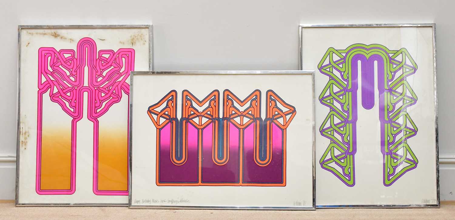 G WYNN; three 1970’s psychedelic prints, each signed and dated ‘72’, one dedicated, 75 x 56cm,
