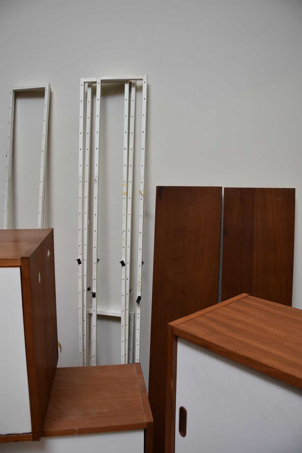 A mid century teak Ladderax type system, comprising seven units, two shelves and white metal - Image 7 of 7