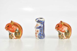 ROYAL CROWN DERBY; three animal form paperweights including two squirrels (3). Condition Report: