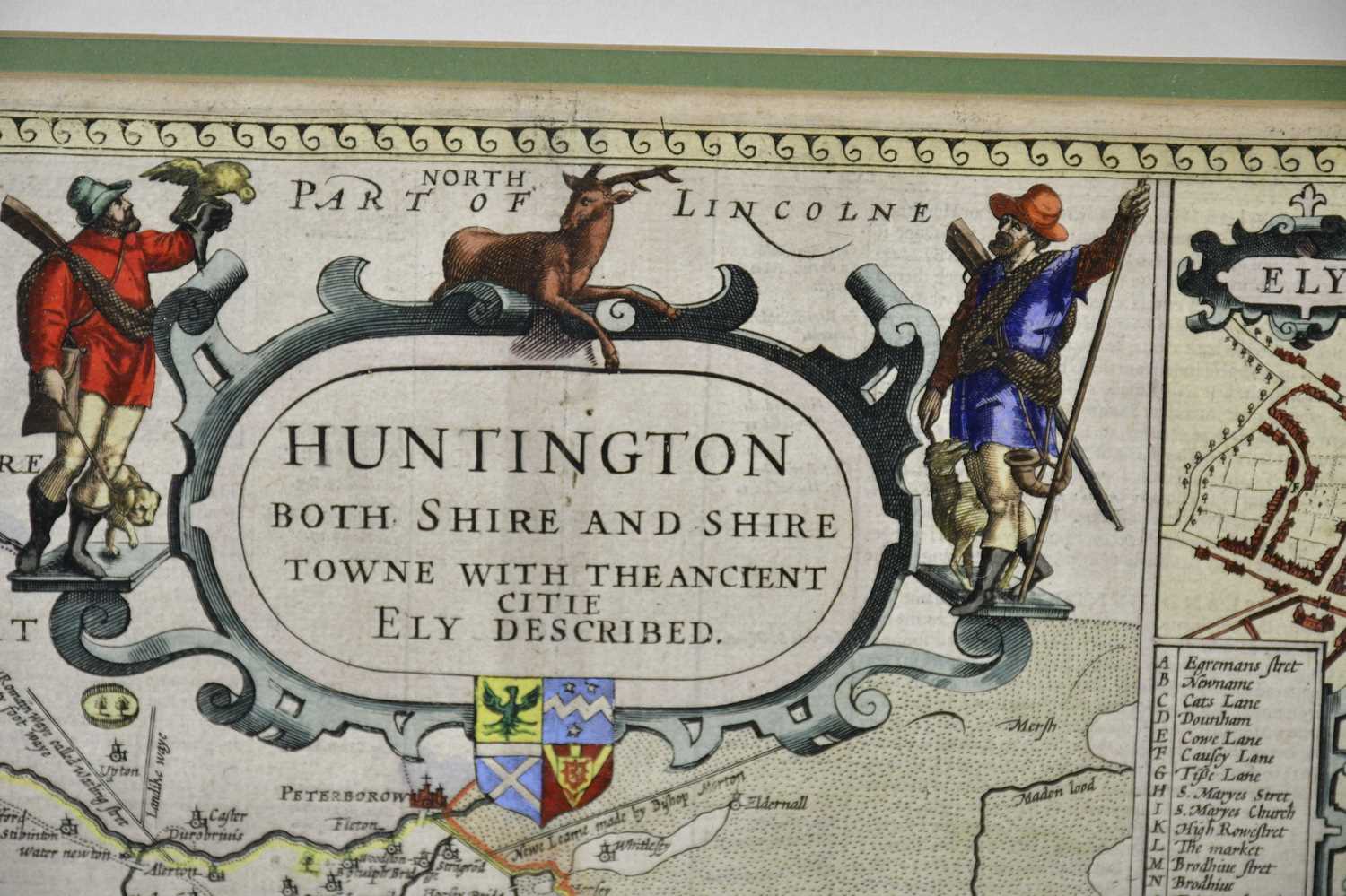 JOHN SPEED; a hand tinted map, 'Huntington', circa 1676, 39 x 52cm, framed and glazed. - Image 2 of 4