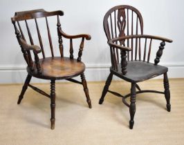 A 19th century elm seated Windsor elbow chair with crinoline stretcher and a 19th century spindle
