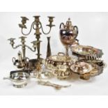 A good collection of 19th century and later silver plate including candelabra, a tea urn,