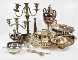 A good collection of 19th century and later silver plate including candelabra, a tea urn,