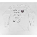 ENGLAND; a Top Scorers retro style football shirt, signed to the front Greaves, Kane, Owen,