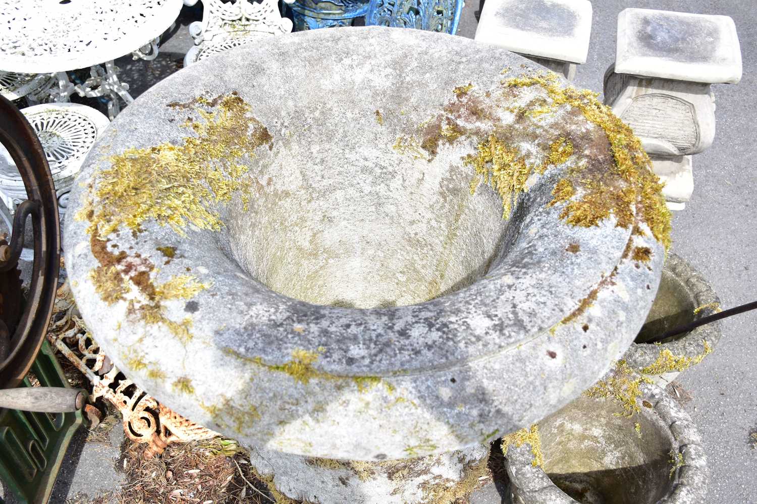 A Victorian stone garden urn on square stepped plinth, height 109cm. Condition Report: Urn looks - Image 2 of 6