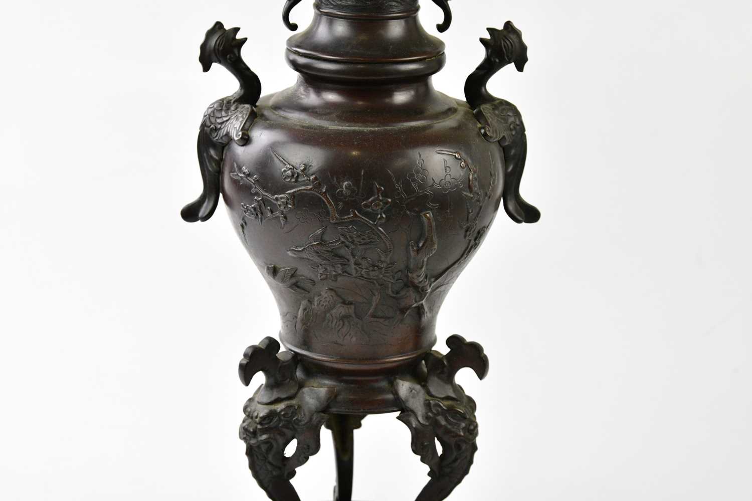 A large early 20th century Japanese bronze vase, with applied handles and crawling mythical - Image 7 of 8