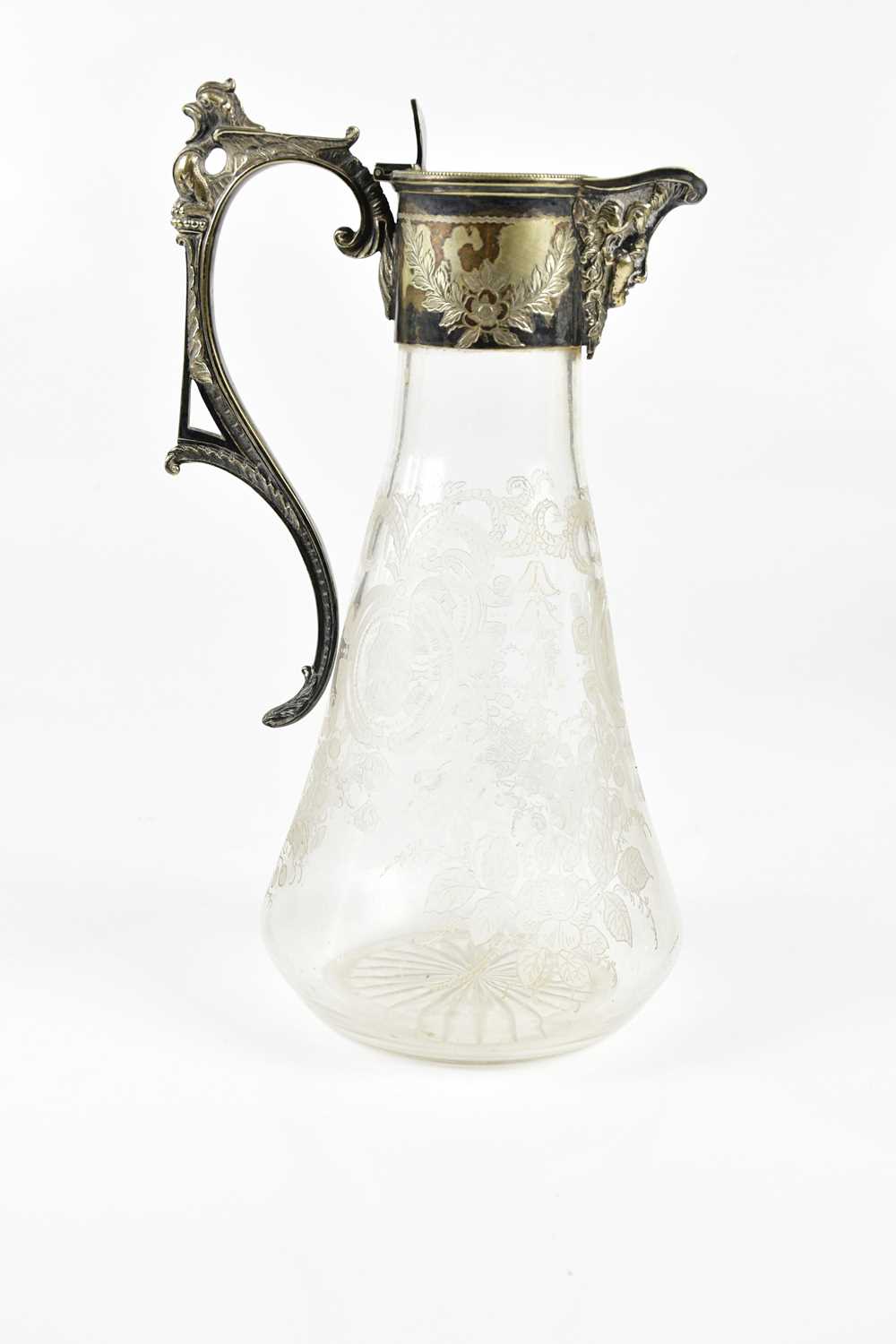 A late 19th/early 20th century etched glass claret jug with silver plated mounts and handle, - Image 2 of 3