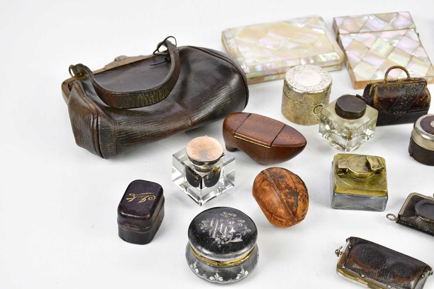 Three Victorian mother of pearl card cases, assorted inkwells including novelty examples, an example - Image 2 of 3