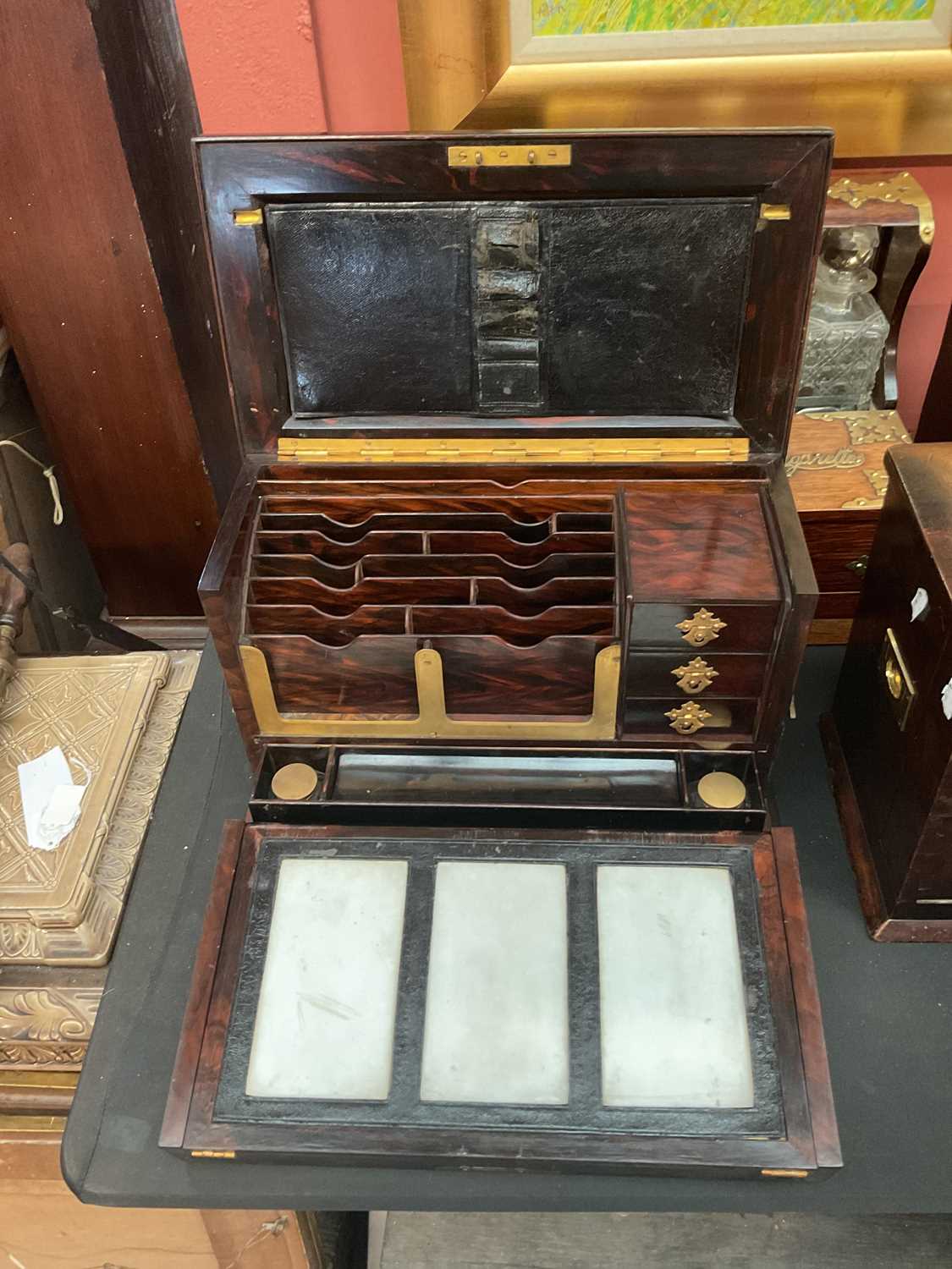 A 19th century brass bound rosewood stationery box, the hinged cover enclosing a fall front and - Image 12 of 14