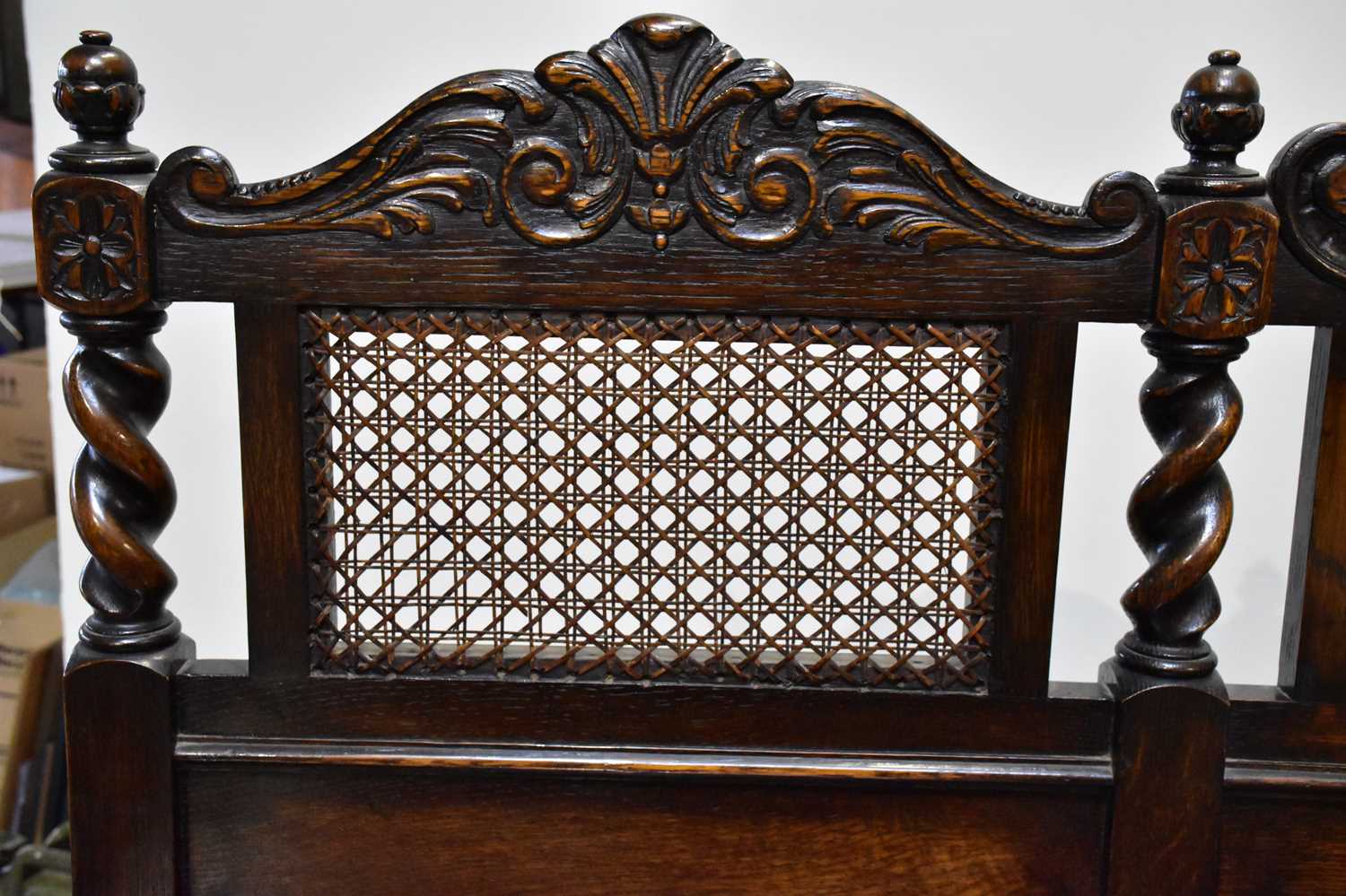 An early 20th century oak sideboard in the Carolean style with cane work raised back with arched top - Image 6 of 6