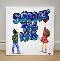 † TONY DENTON; oil on canvas, 'Support the NHS', signed lower right, 90 x 90cm, unframed.
