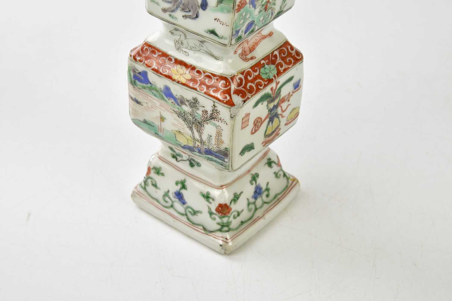 A pair of 18th century Chinese Famille Verte Wucai porcelain vases, of square form, each painted - Image 13 of 17