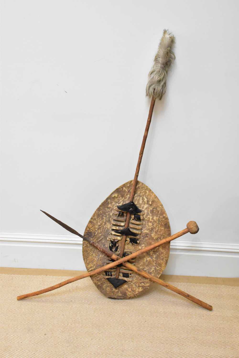 A 20th century Zulu shield, spear and knobkerrie. - Image 2 of 2