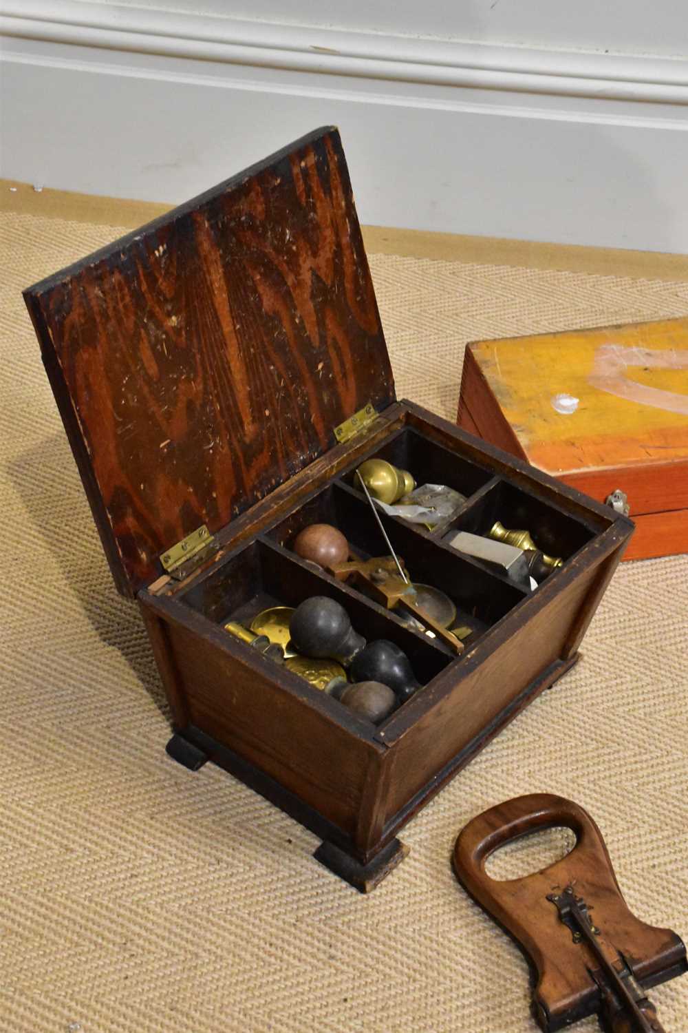 An early 20th century stained oak housekeeper's box and contents, with three ammunition boxes, an - Image 2 of 2