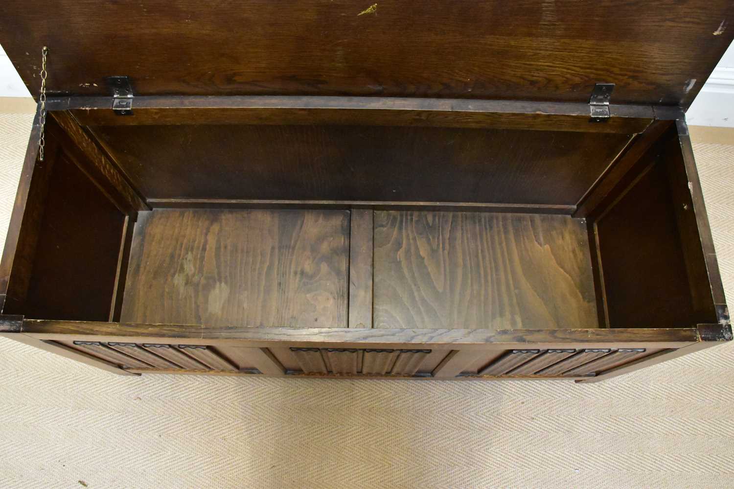 A 1950s oak blanket chest with linen fold decoration to the front, width 113cm, depth 43cm, height - Image 3 of 3