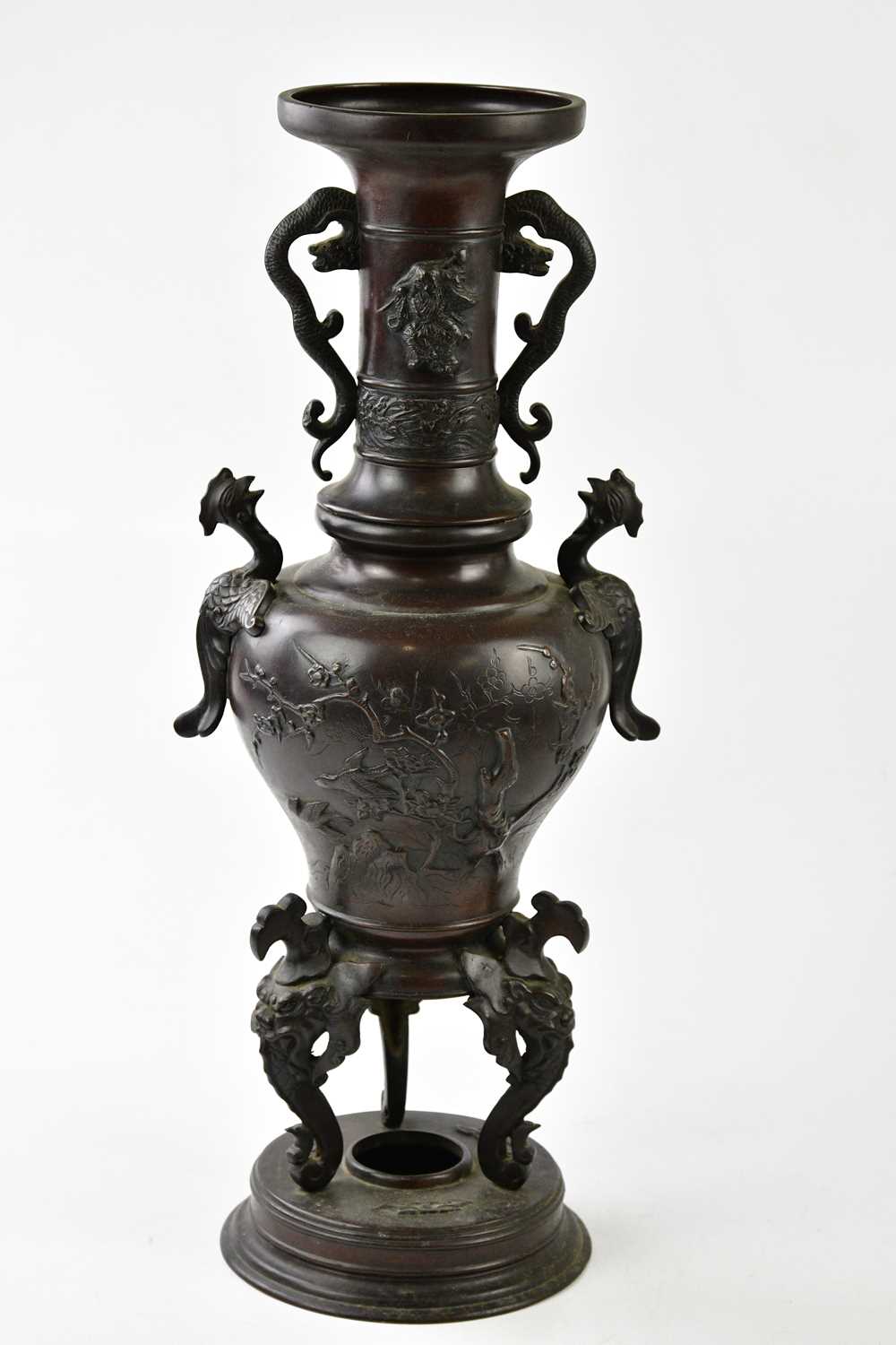 A large early 20th century Japanese bronze vase, with applied handles and crawling mythical - Image 4 of 8