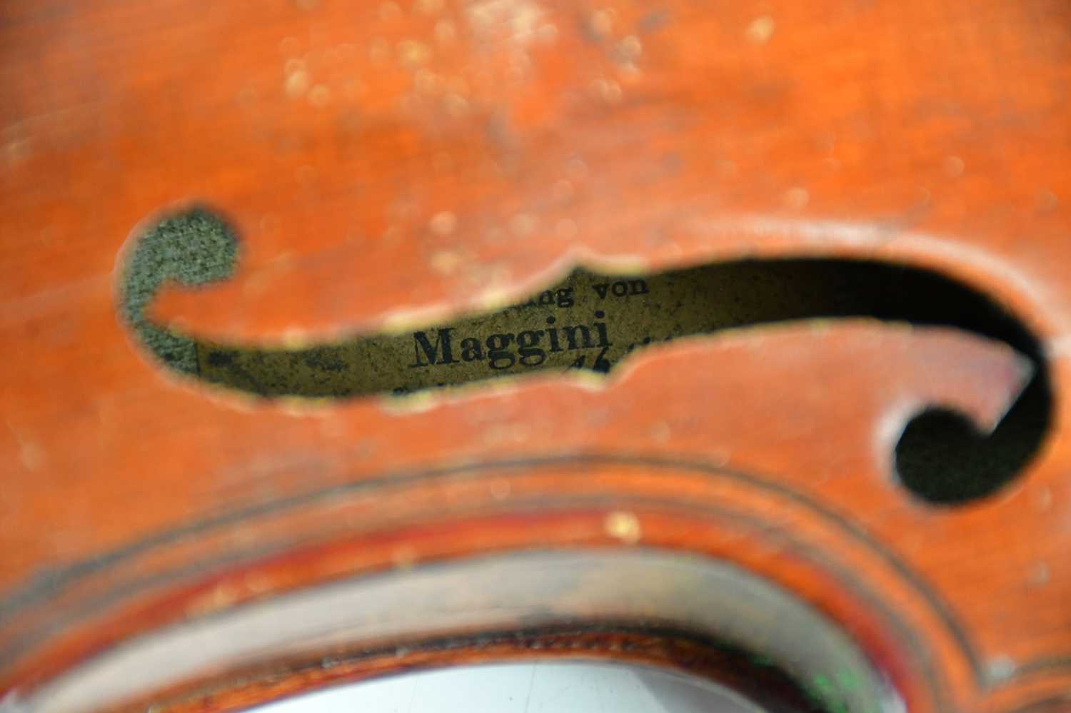 A full size German 'Maggini' violin with two-piece back length 36cm, cased. - Image 7 of 7