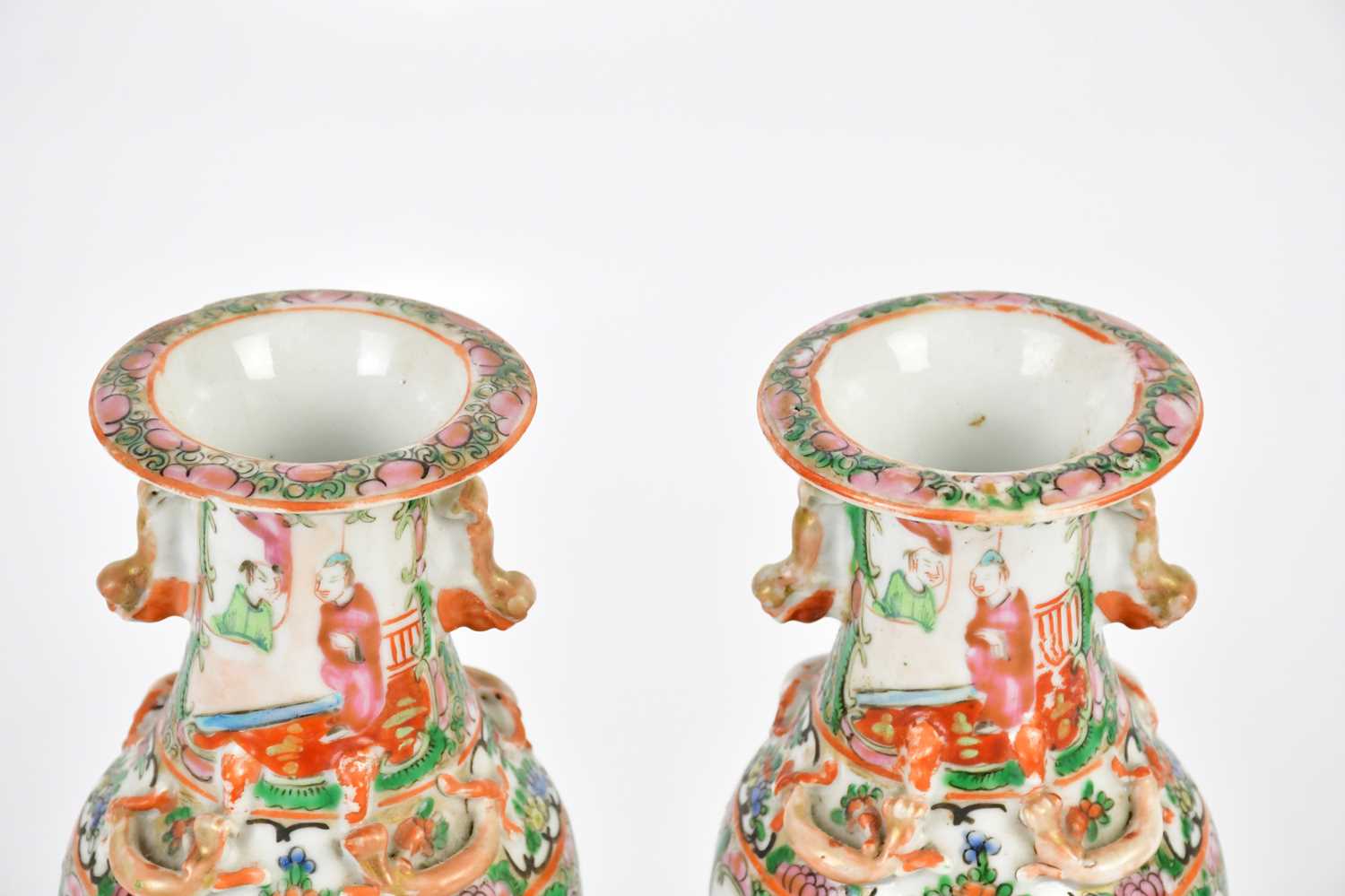 A pair of early 20th century Chinese Canton vases with moulded animal handles and climbing serpents, - Image 4 of 6