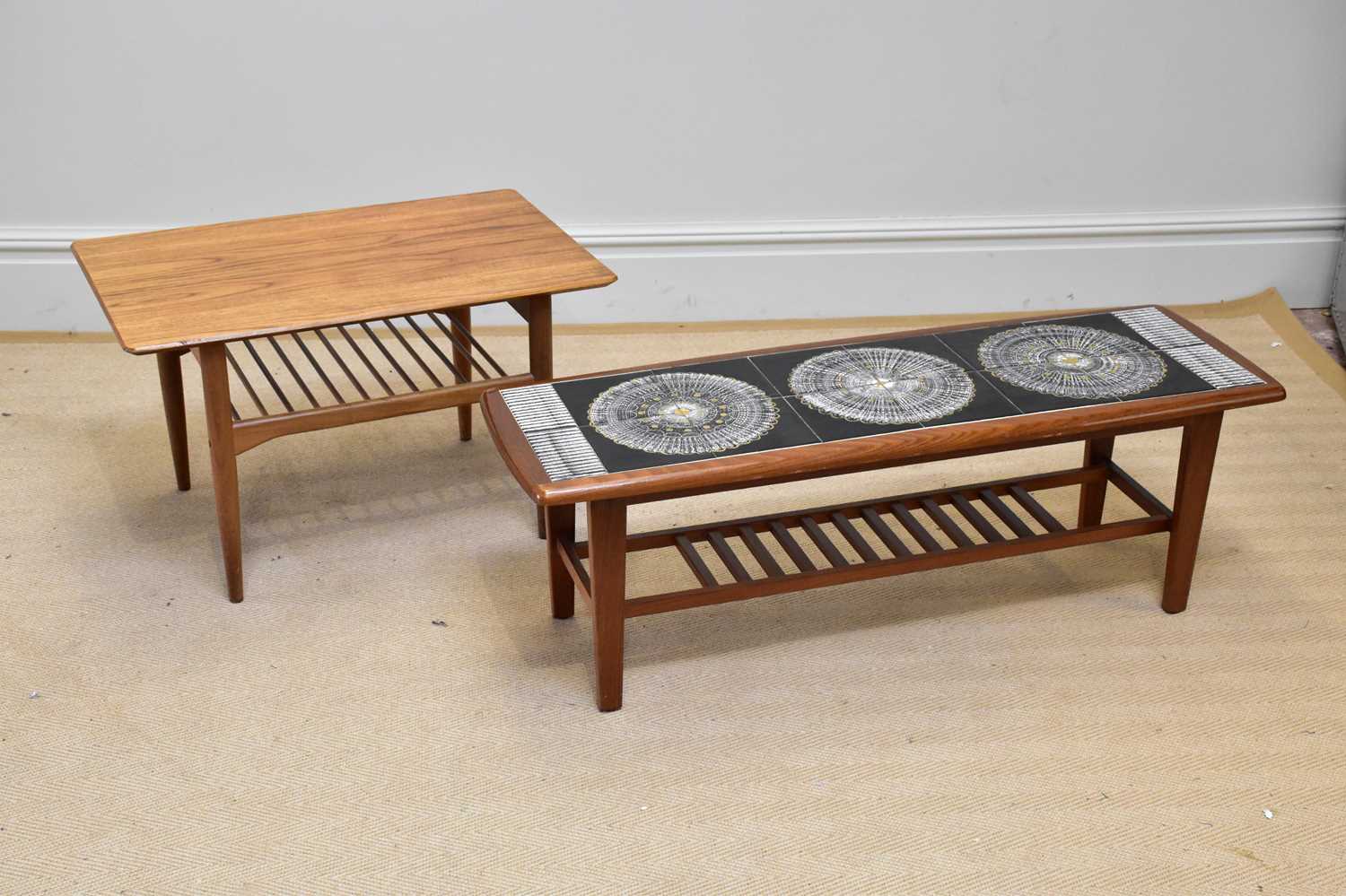 A mid century teak Long John coffee table with inset tiles, length 113cm, width 37cm, height 40cm,