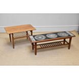 A mid century teak Long John coffee table with inset tiles, length 113cm, width 37cm, height 40cm,
