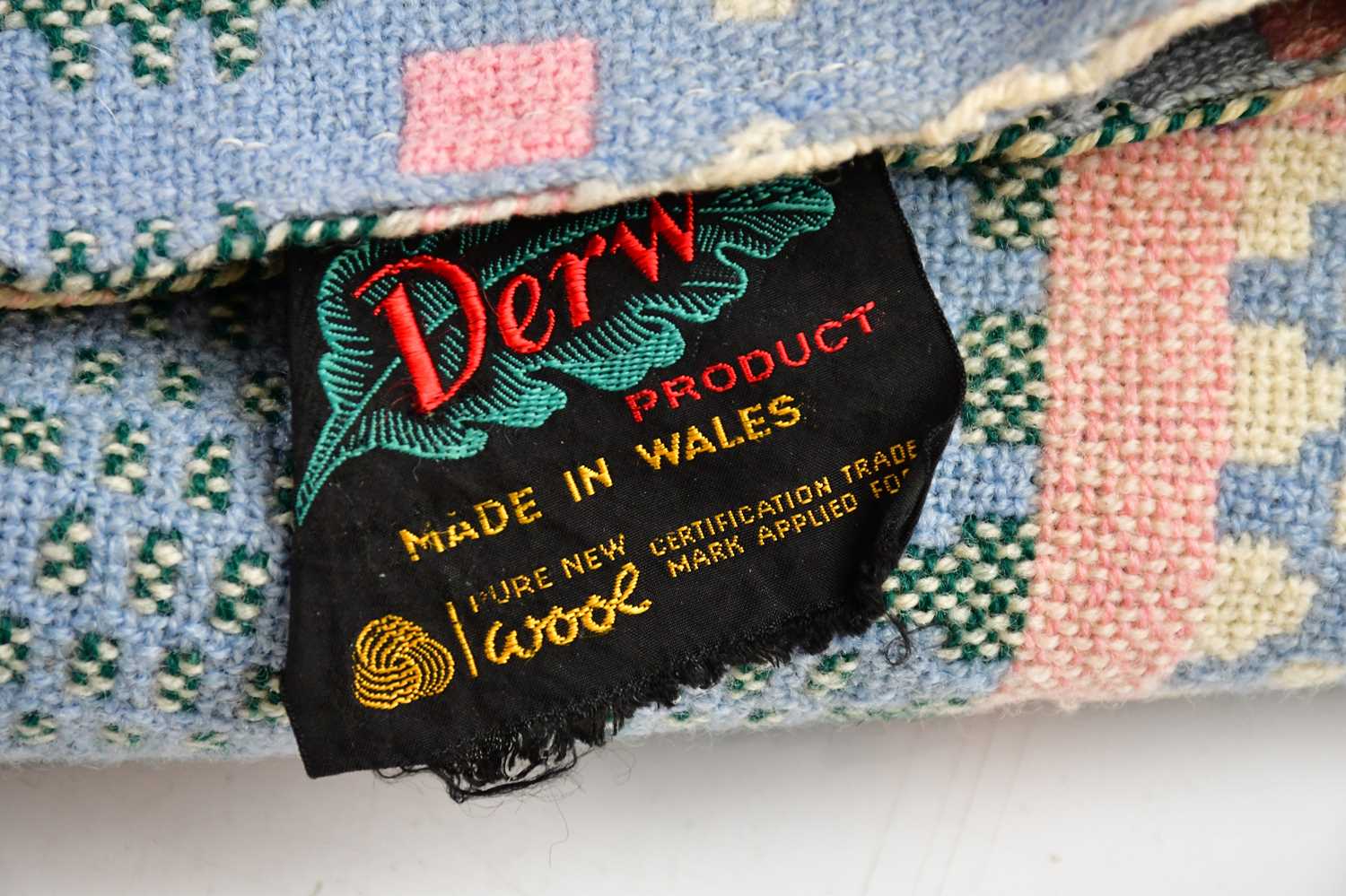 DERW; a Welsh woollen blanket, blue, green and pink geometric pattern, 222 x 190cm. - Image 3 of 3