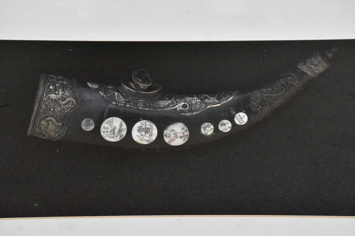 A pair of white metal mounted bone inlaid opium pipes, both framed and glazed, 89 x 48cm. - Image 2 of 4