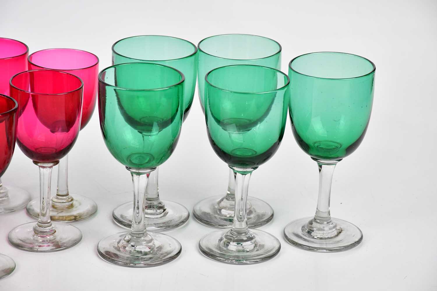 A set of twelve 1930s cut green glass wine glasses, height 12.5cm, with eight late Victorian ruby - Image 4 of 4