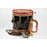 A military regimental drum, height 37cm, a copper military horn, two leather cased compasses and