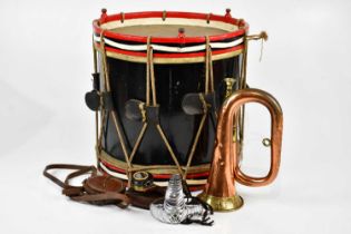 A military regimental drum, height 37cm, a copper military horn, two leather cased compasses and