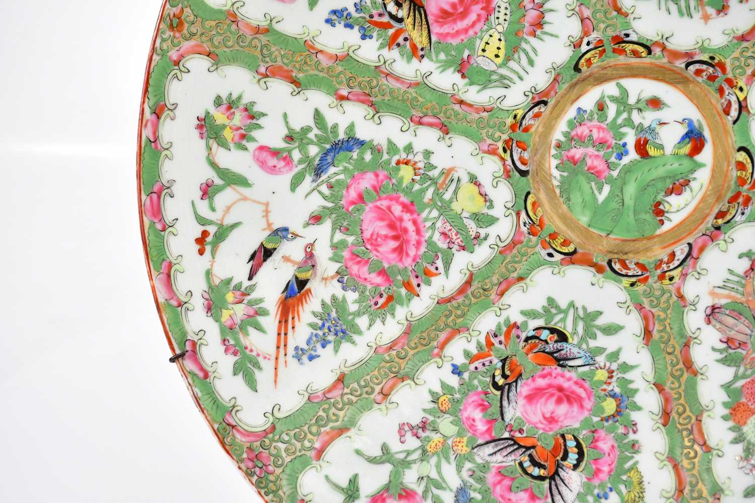 A 19th century Famille Rose wall charger decorated with birds and butterflies, diameter 41cm. - Image 5 of 8