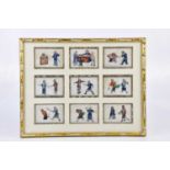 A framed montage of nine late 18th century Chinese pith paintings, depicting torture scenes, each