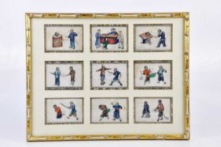 A framed montage of nine late 18th century Chinese pith paintings, depicting torture scenes, each