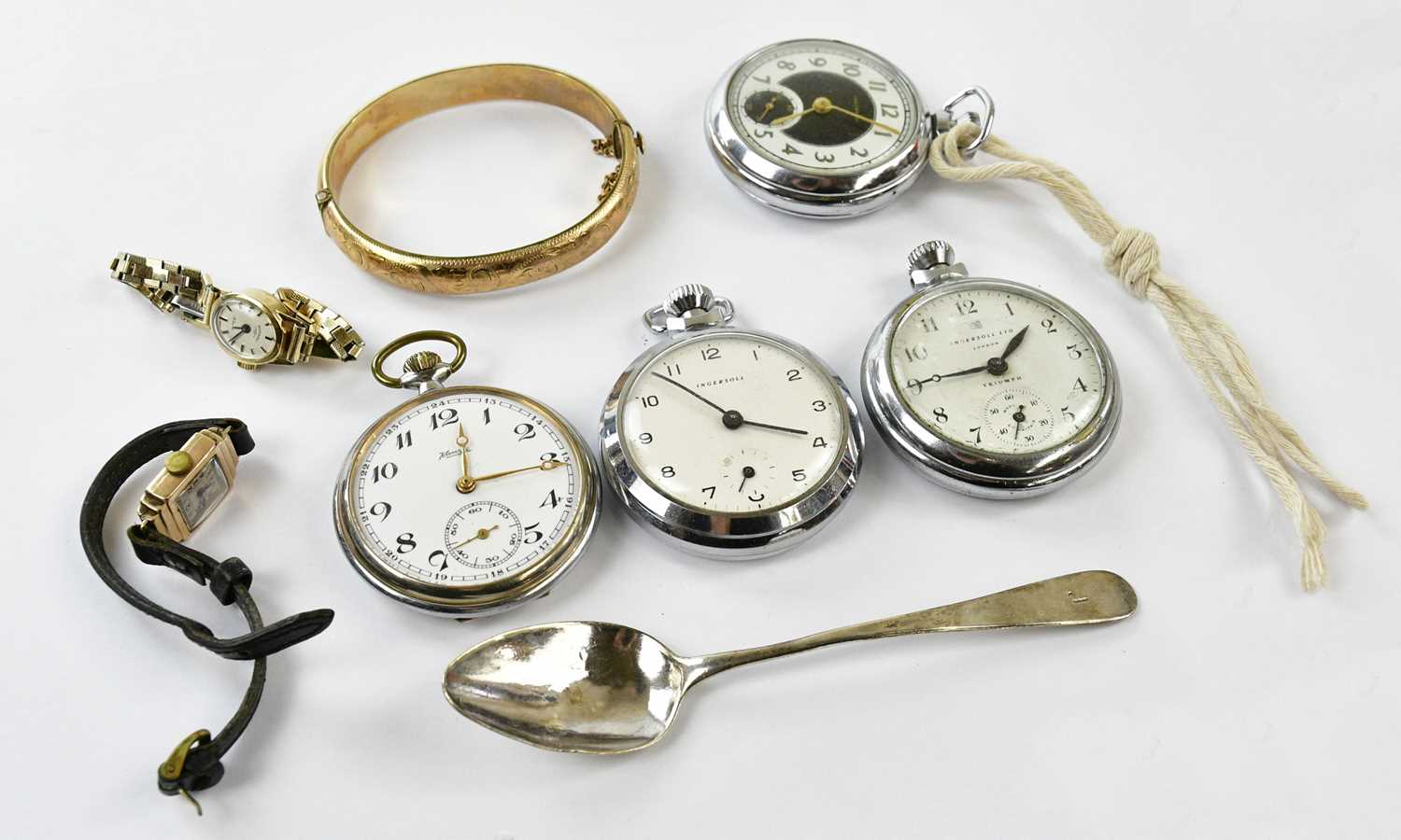 A 9ct gold Rotary lady's watch, an Art Deco style lady's watch, three Ingersoll pocket watches and