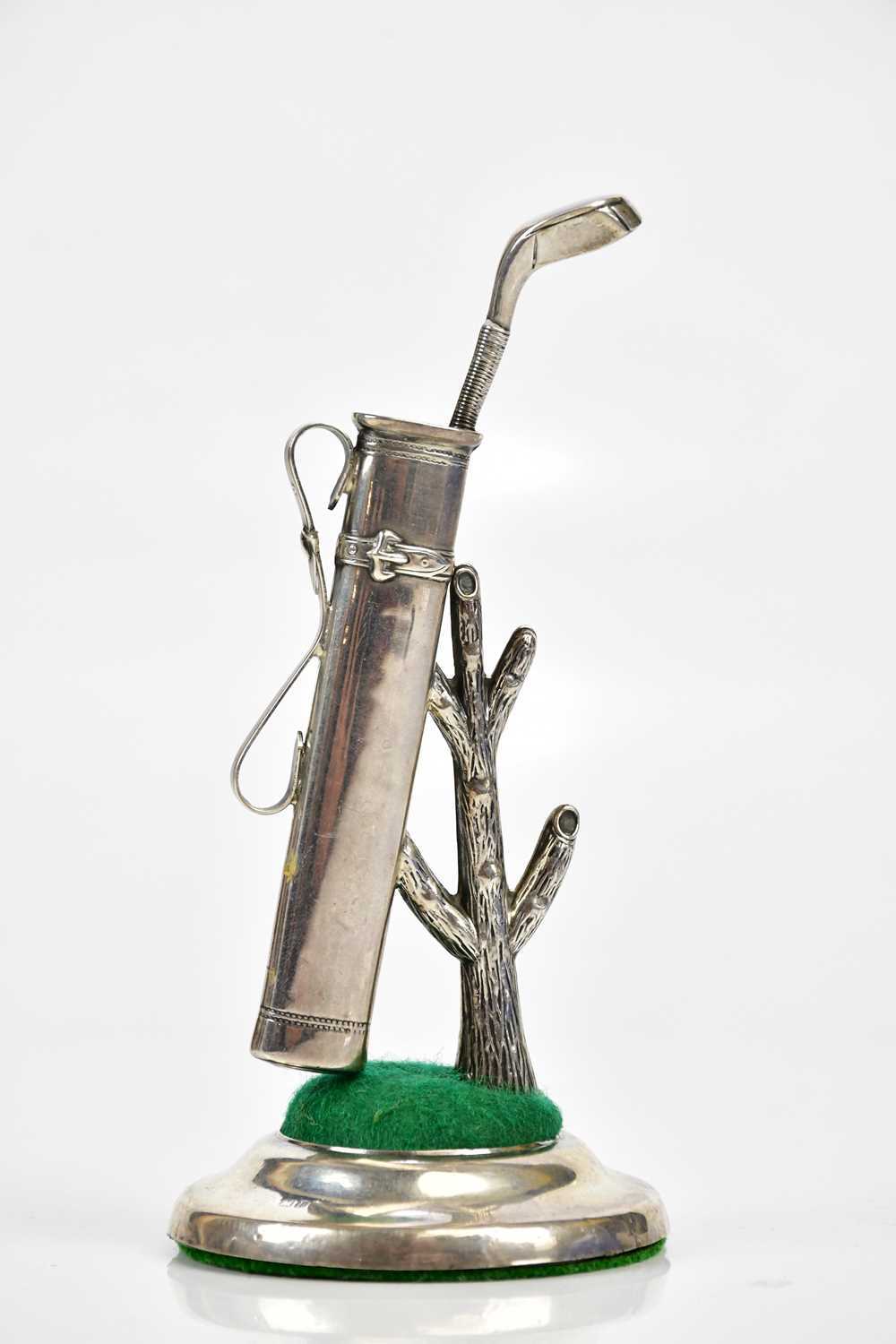 TOZER, KERNSLEY & FISHER; an Edward VII hallmarked silver ring tree/pin holder in the form of a golf - Image 2 of 4