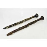 JTL, LONDON; a class 'C' B flat clarinet, with black leather case, also a rosewood clarinet with