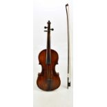A German full size violin, with 36cm full piece back, in case with bow.