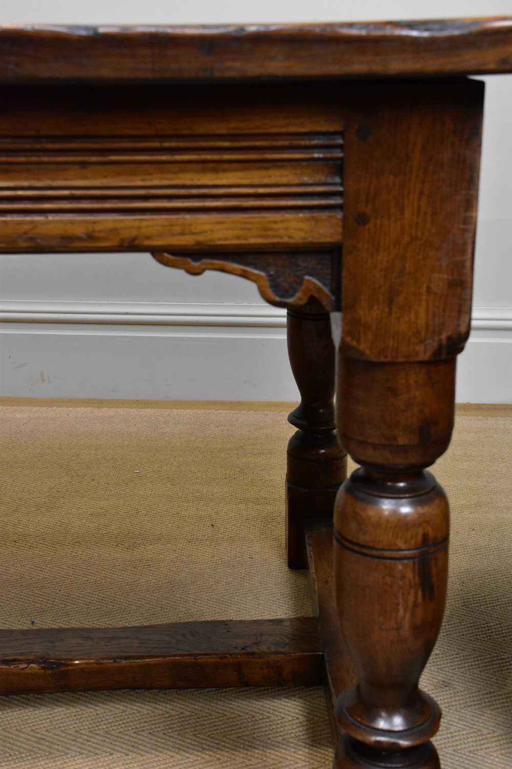 A reproduction oak refectory dining table on block legs, length 225cm, width 93cm, and six oak - Image 3 of 7