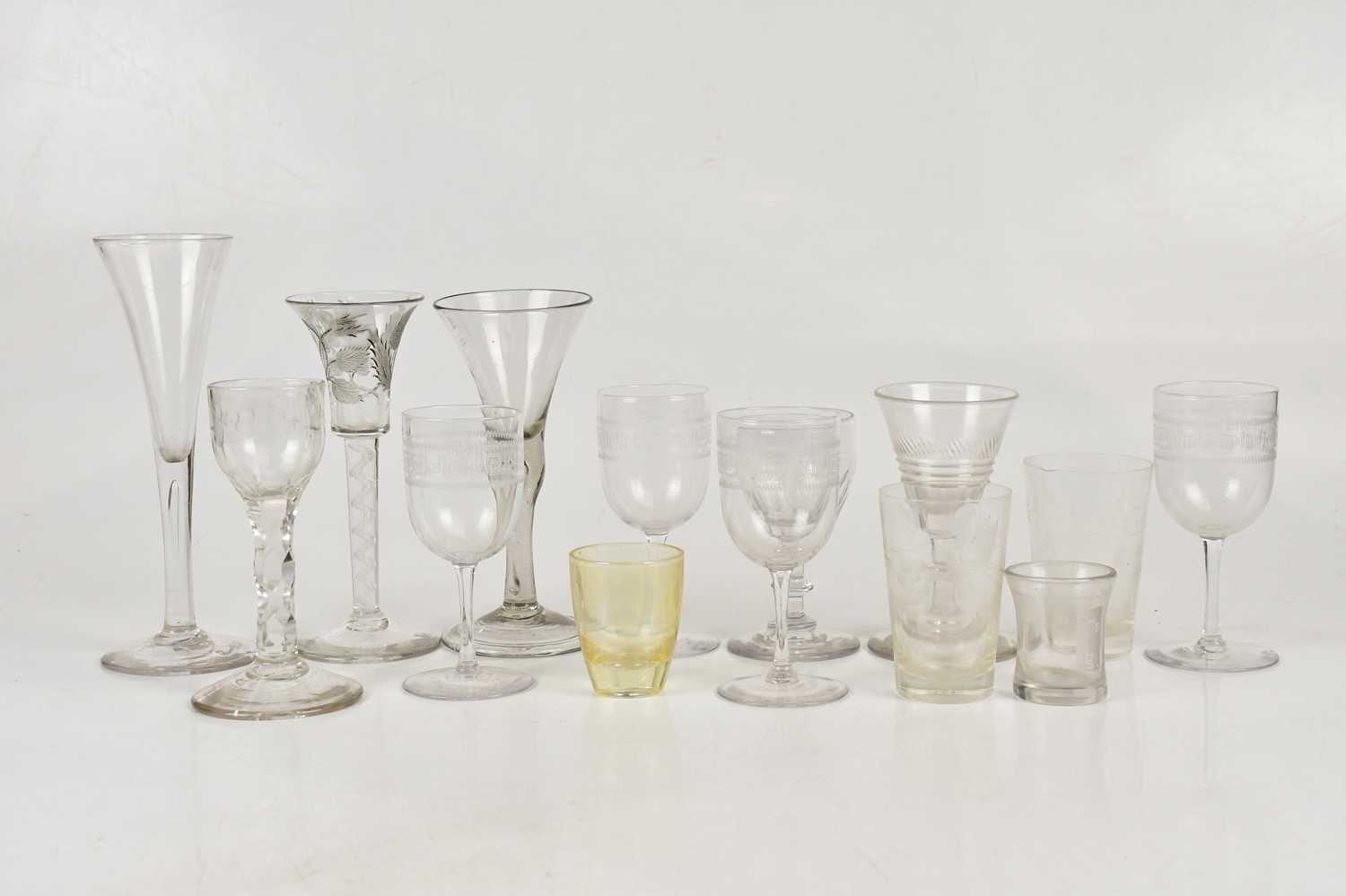 A collection of Georgian and later glassware including a wine glass with ogee shaped bowl and