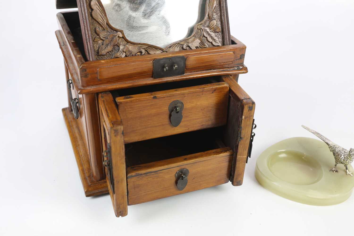 An Eastern metal bound pine jewellery cabinet, the hinged top enclosing mirror above two mirrored - Image 3 of 3