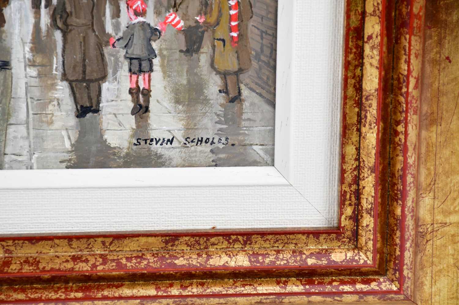 † STEVEN SCHOLES (born 1952); oil on board, Manchester United Concourse, signed lower right, 27 x - Image 3 of 4