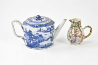 A late 18th century Chinese blue and white teapot with interwoven handle and decorated with